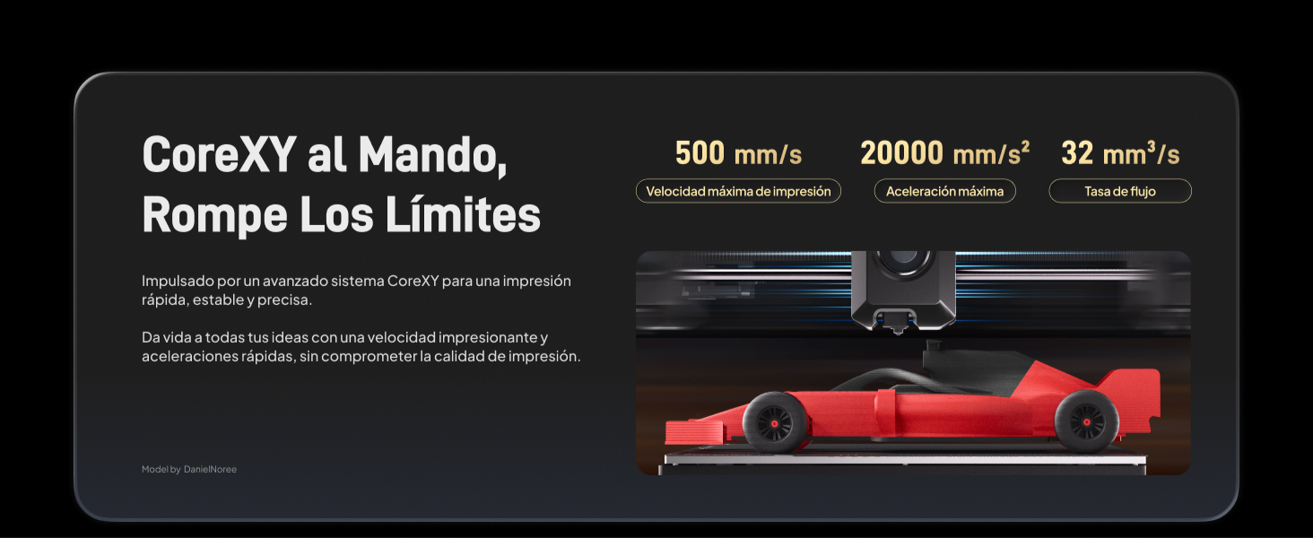 Impulsada por una arquitectura CoreXY de alto rendimiento, la Elegoo Centauri Carbon alcanza una asombrosa velocidad de 500 mm/s y una aceleración de 20,000 mm/s². Esta combinación de mecanismo eficiente y dinámica extrema se traduce en tiempos de impresión drasticamente reducidos, sin comprometer la calidad del resultado final